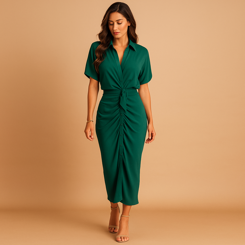 Elegant ankle-length women’s dress with draped V-neck and ruching, ideal for formal events, galas, and evening parties.