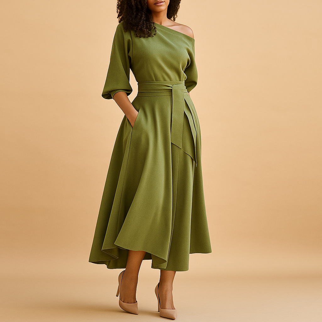 Elegant belted midi dress for women with flattering fit and soft fabric, ideal for weddings, parties, and casual chic moments.