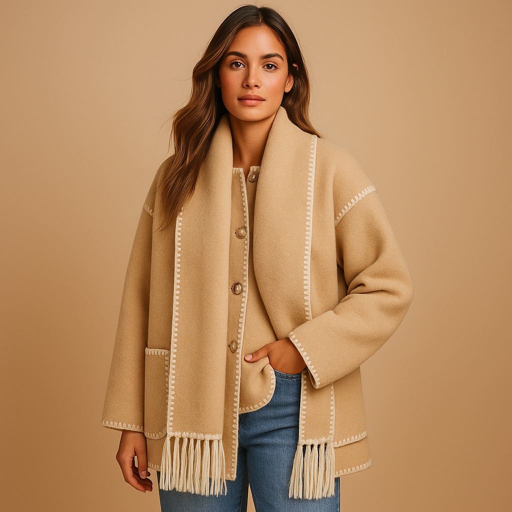 Elegant women’s winter coat with faux-fur lining and matching scarf, ideal for cold weather and stylish daily wear.