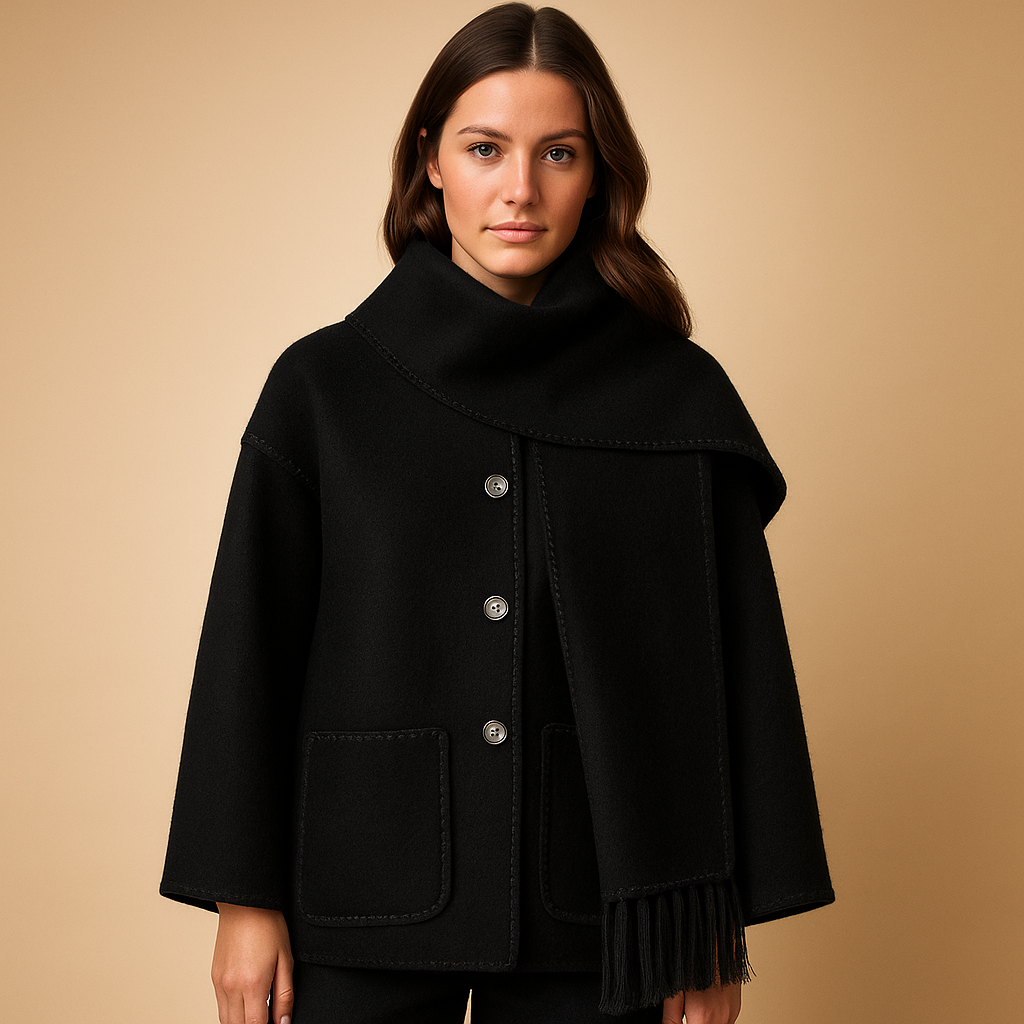 Elegant women’s winter coat with faux-fur lining and matching scarf, ideal for cold weather and stylish daily wear.