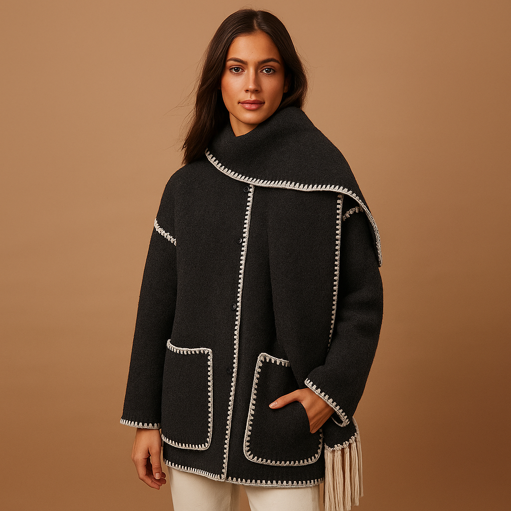 Elegant women’s winter coat with faux-fur lining and matching scarf, ideal for cold weather and stylish daily wear.