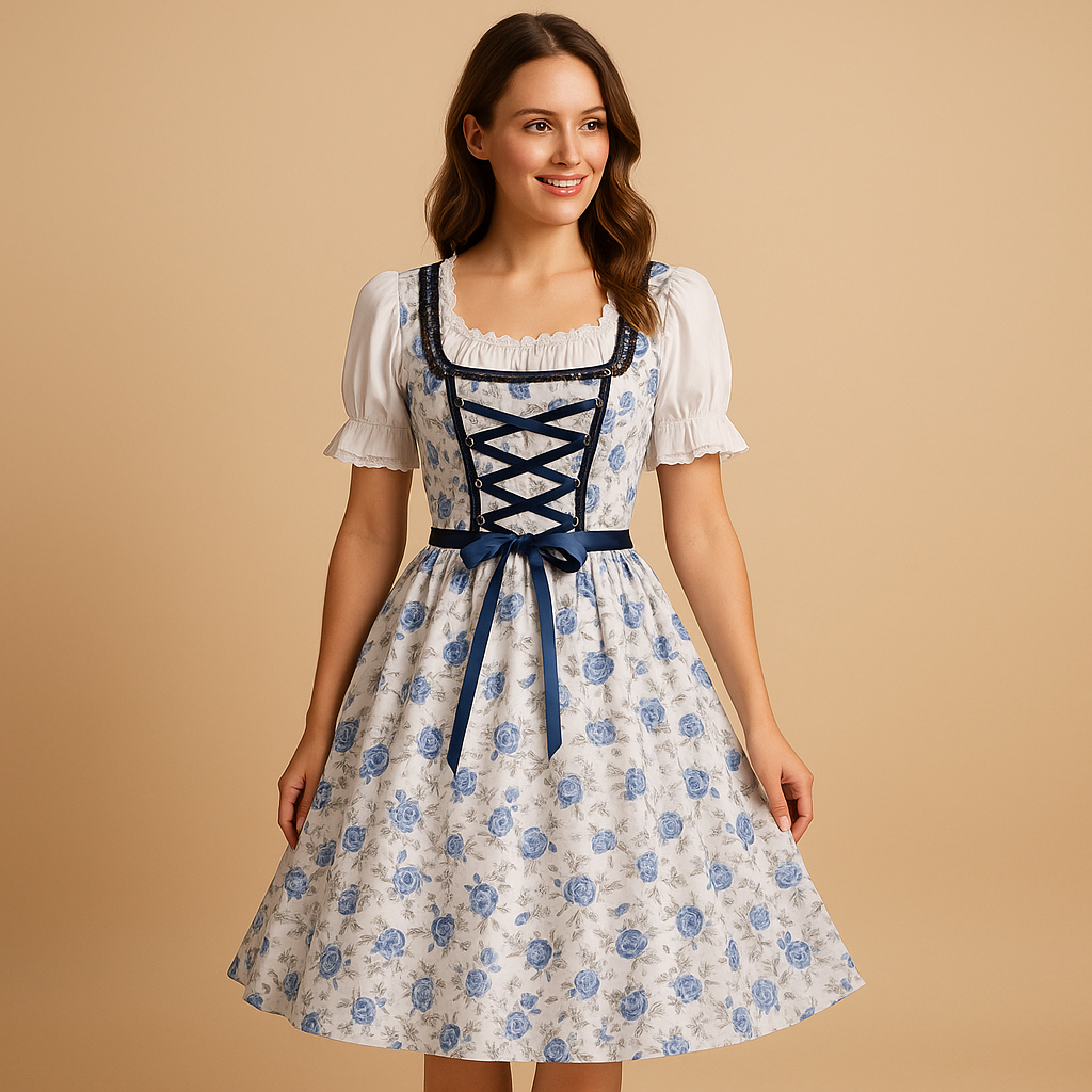Elegant blue lace party dress for women with matching apron, designed for festive events and comfortable wear with refined detailing.