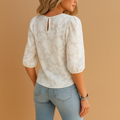 Women’s elegant floral blouse top with refined print, perfect for casual and formal wear in white, pink, apricot, blue and black.