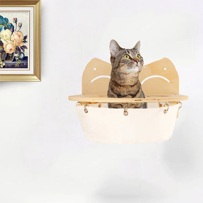 "Elegant hanging wooden cat basket, elevated perch, modern home décor, stylish pet supplies, cozy wooden hammock."