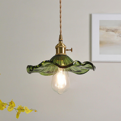 "Elegant Hibiscus Glass Pendant Light, floral design, clear and green colors, adds sophistication with ambient glow, home dec
