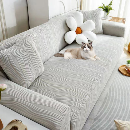 "Elegant jacquard sofa cover with velvet texture, anti-scratch, stretchable and pet-friendly, ideal for stylish protection."