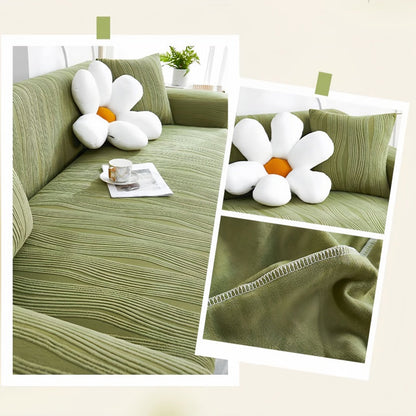 "Elegant jacquard sofa cover with velvet texture, anti-scratch, stretchable and pet-friendly, ideal for stylish protection."