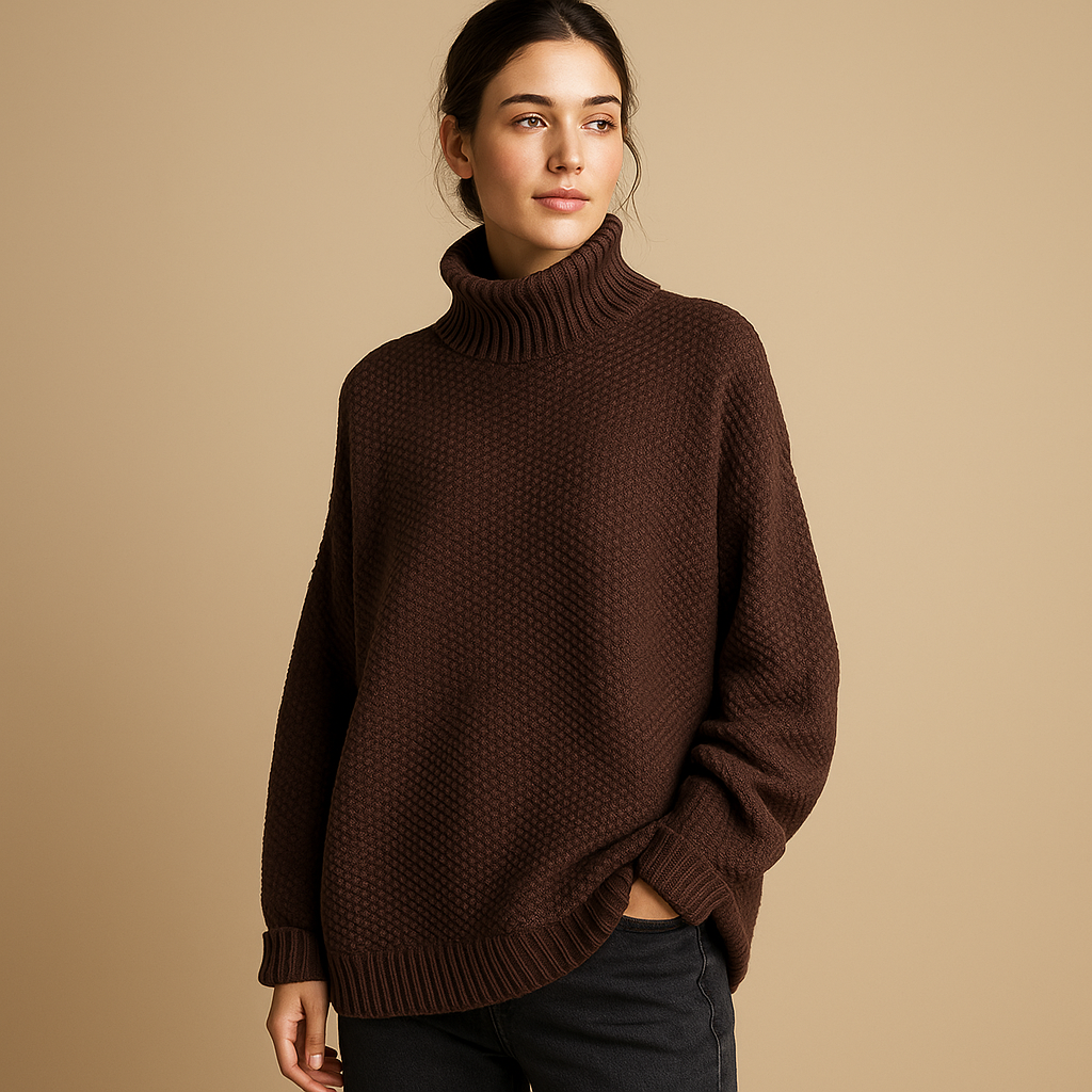 Women’s elegant knitted turtleneck sweater with timeless design, ideal for cold days and versatile seasonal styling