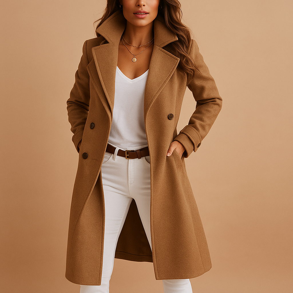 Women’s long coat with buttons and classic collar in grey, perfect for elegant seasonal layering and timeless fashion