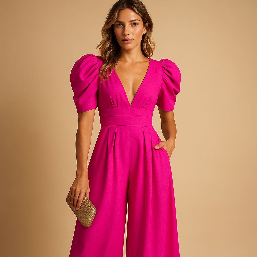 Women’s elegant long jumpsuit with tailored silhouette in peach, black, yellow, turquoise, or rose red, perfect for formal events or evening wear.