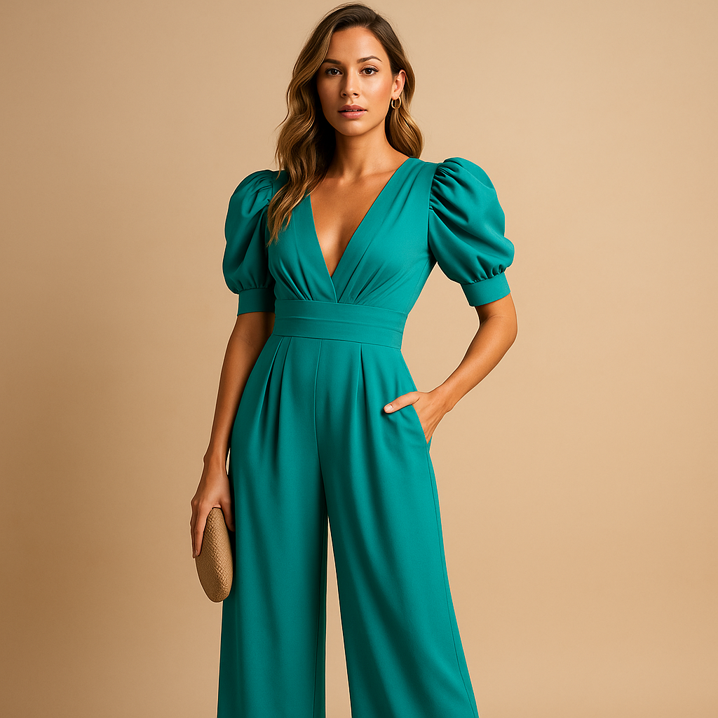 Women’s elegant long jumpsuit with tailored silhouette in peach, black, yellow, turquoise, or rose red, perfect for formal events or evening wear.