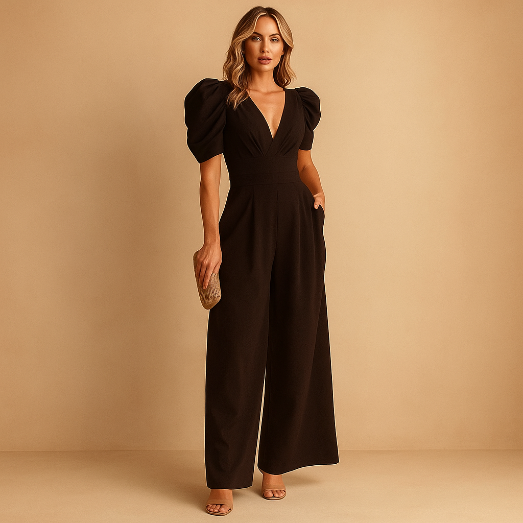 Women’s elegant long jumpsuit with tailored silhouette in peach, black, yellow, turquoise, or rose red, perfect for formal events or evening wear.
