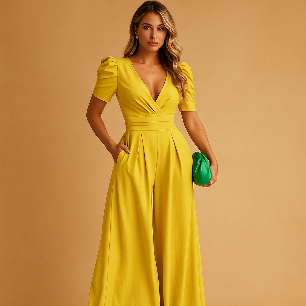 Women’s elegant long jumpsuit with tailored silhouette in peach, black, yellow, turquoise, or rose red, perfect for formal events or evening wear.