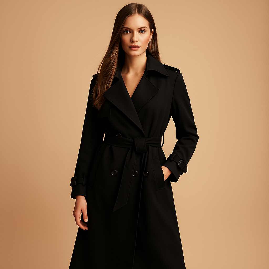 Elegant long winter coat for women with double-breasted front, tailored silhouette, and warm lining, perfect for stylish cold-weather wear.