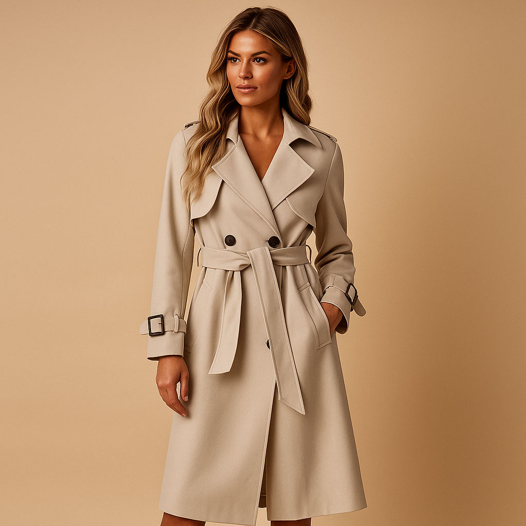 Elegant long winter coat for women with double-breasted front, tailored silhouette, and warm lining, perfect for stylish cold-weather wear.
