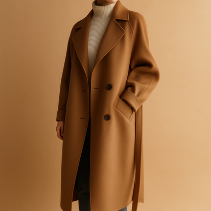 Women’s long elegant winter coat in a timeless cut, made from warm insulating fabric, perfect for cold-weather outfits.