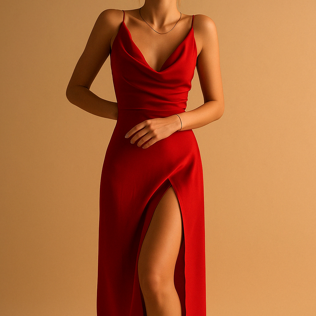 Elegant maxi dress for women with V-neckline and flowing silhouette, ideal for weddings, galas, and refined evening occasions.