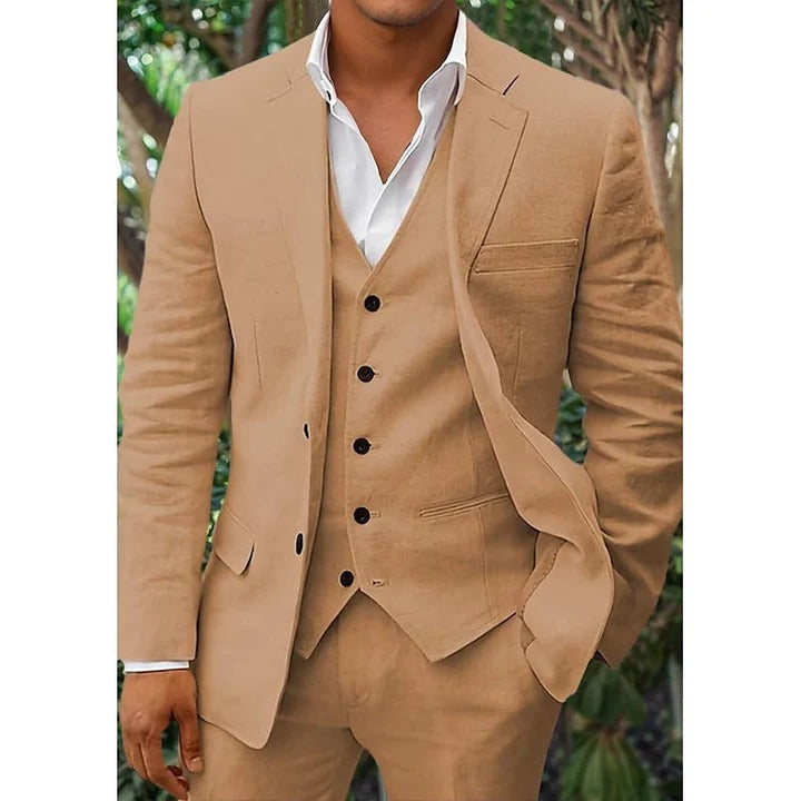 Elegant men's blue linen 3-piece suit set, tailored fit with jacket, waistcoat, trousers. Perfect for formal events.