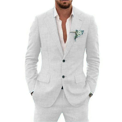 "Elegant men's linen blend suit, tailored fit, versatile for weddings or business, shown in stylish shades, breathable fabric