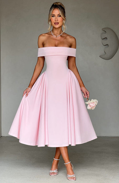 Elegant off-shoulder A-line midi dress in classic colors, designed to highlight graceful silhouettes for formal events.