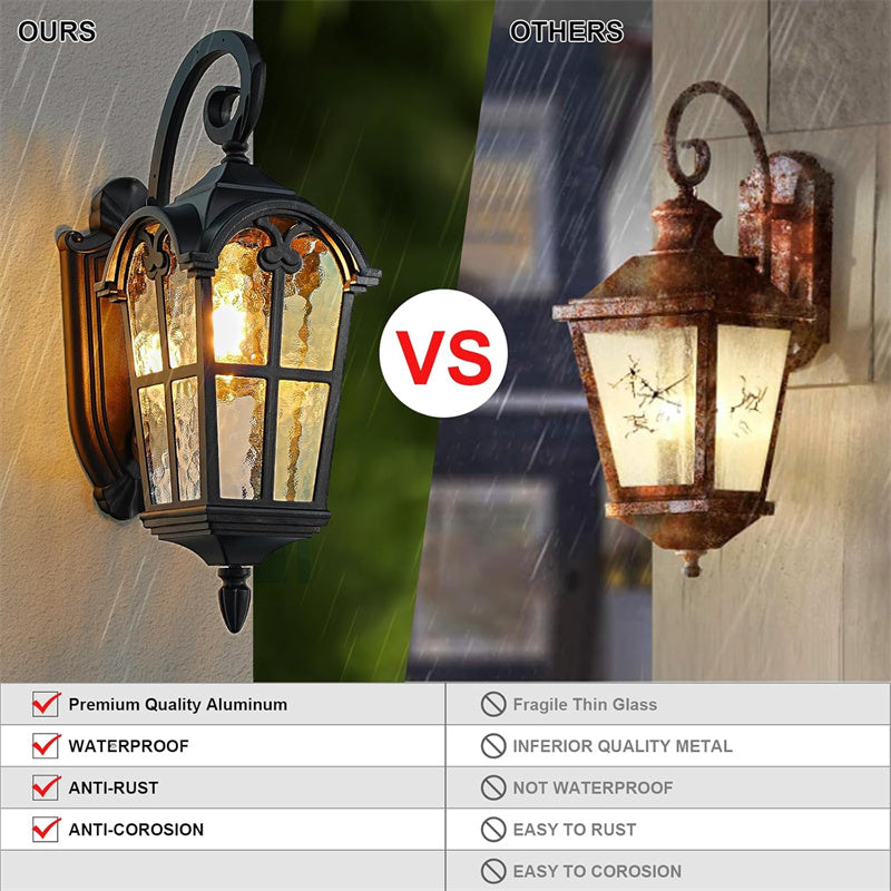 Elegant outdoor vintage solar wall light, matte black, IP55 weatherproof, with remote control and ripple glass design.