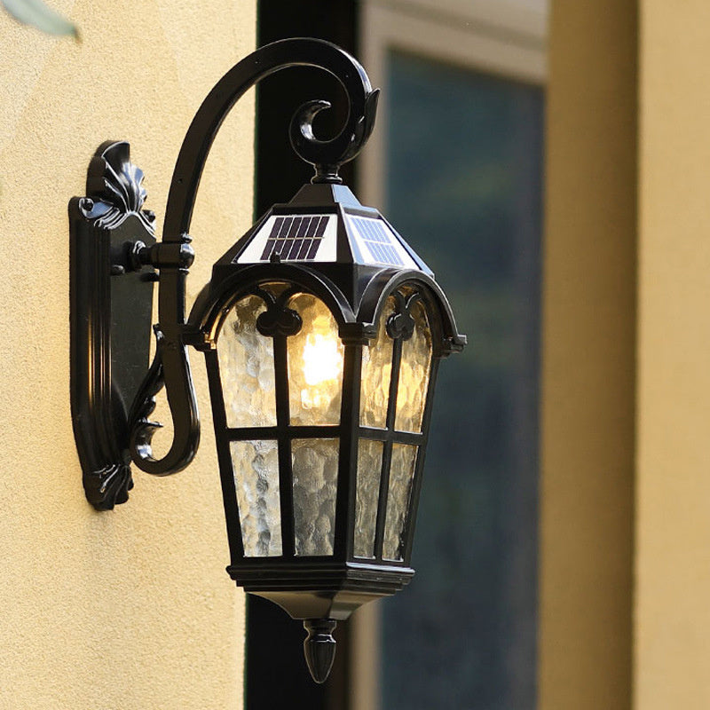 Elegant outdoor vintage solar wall light, matte black, IP55 weatherproof, with remote control and ripple glass design.