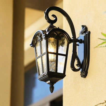 Elegant outdoor vintage solar wall light, matte black, IP55 weatherproof, with remote control and ripple glass design.