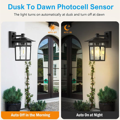 "Elegant outdoor waterproof lantern wall light with black finish and glass shade, perfect for gardens and porches."