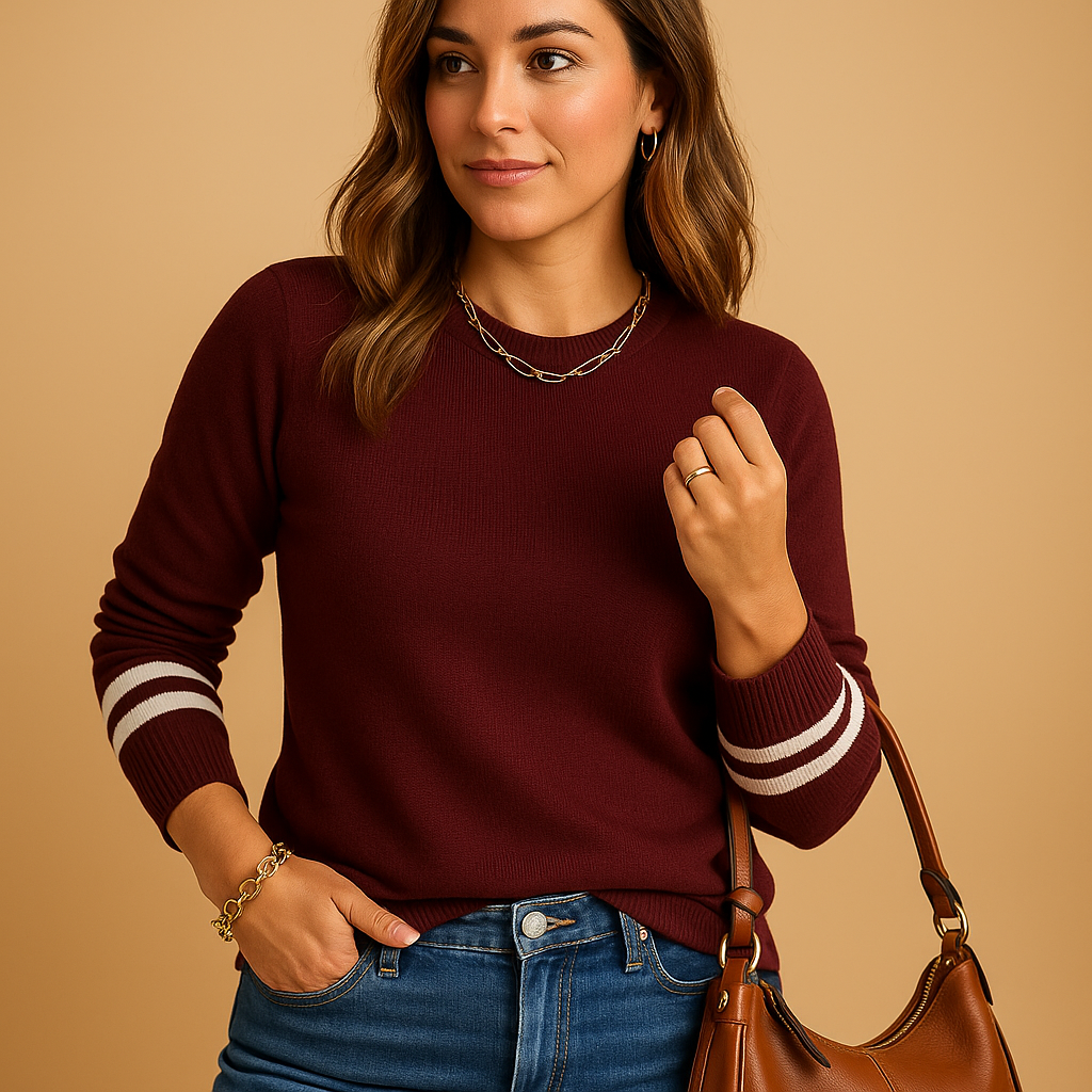 Elegant knit sweater for women with striped sleeves, relaxed fit, and soft texture—ideal for casual outings or cozy days at home.