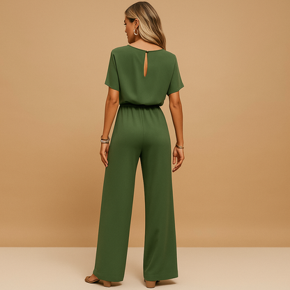 Women’s elegant jumpsuit with tailored fit and flowing sleeves in black, beige, or green, perfect for weddings, galas, or formal evenings.