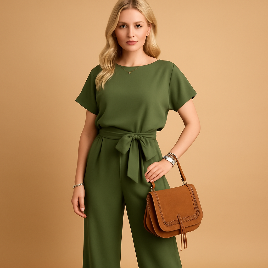 Women’s elegant jumpsuit with tailored fit and flowing sleeves in black, beige, or green, perfect for weddings, galas, or formal evenings.