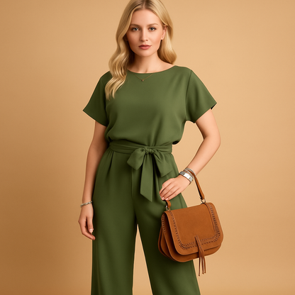 Women’s elegant jumpsuit with tailored fit and flowing sleeves in black, beige, or green, perfect for weddings, galas, or formal evenings.