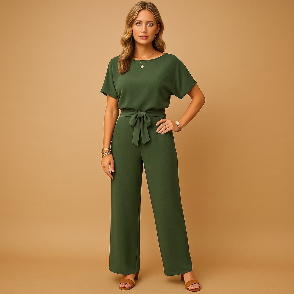 Women’s elegant jumpsuit with tailored fit and flowing sleeves in black, beige, or green, perfect for weddings, galas, or formal evenings.