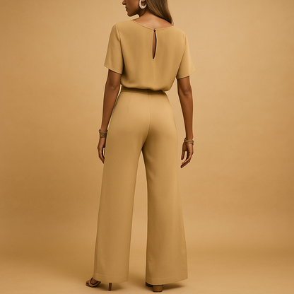 Women’s elegant jumpsuit with tailored fit and flowing sleeves in black, beige, or green, perfect for weddings, galas, or formal evenings.