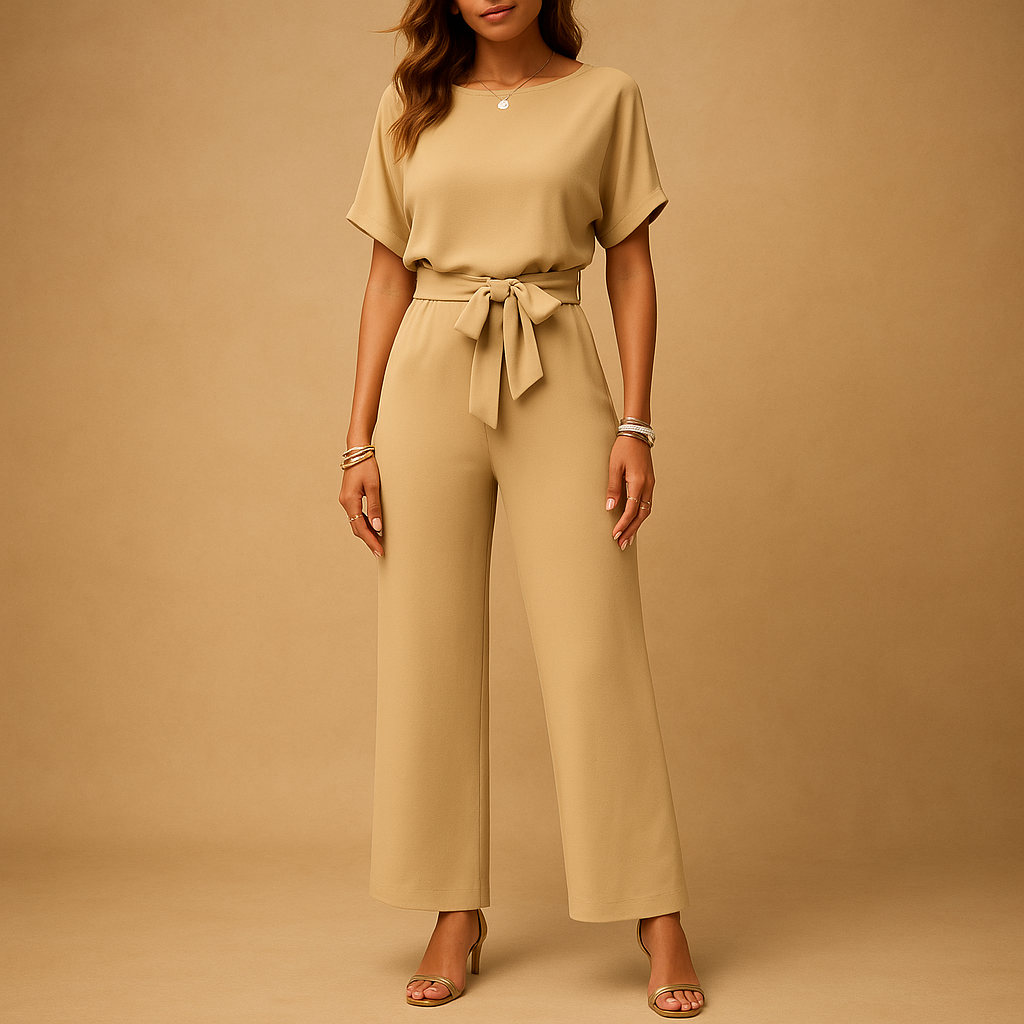 Women’s elegant jumpsuit with tailored fit and flowing sleeves in black, beige, or green, perfect for weddings, galas, or formal evenings.
