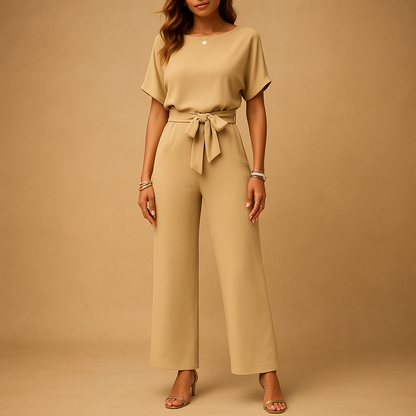 Women’s elegant jumpsuit with tailored fit and flowing sleeves in black, beige, or green, perfect for weddings, galas, or formal evenings.