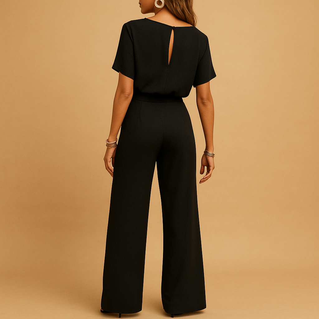 Women’s elegant jumpsuit with tailored fit and flowing sleeves in black, beige, or green, perfect for weddings, galas, or formal evenings.