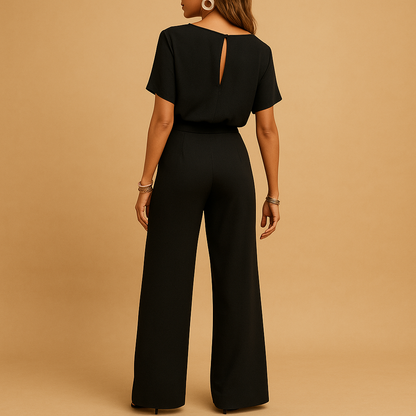 Women’s elegant jumpsuit with tailored fit and flowing sleeves in black, beige, or green, perfect for weddings, galas, or formal evenings.