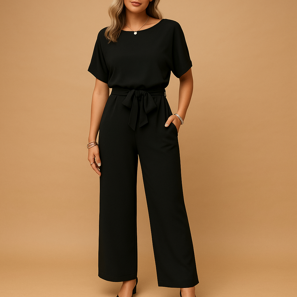 Women’s elegant jumpsuit with tailored fit and flowing sleeves in black, beige, or green, perfect for weddings, galas, or formal evenings.