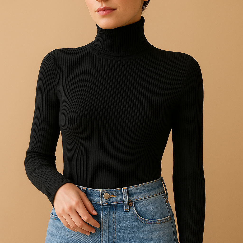 Elegant turtleneck knit sweater for women in classic design, perfect for layering in cold weather or pairing with casual or chic outfits.