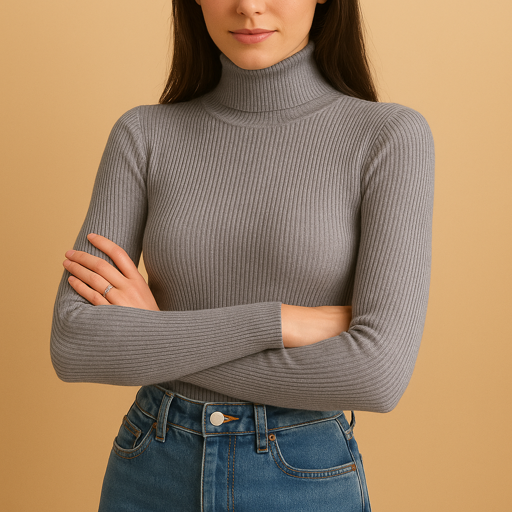 Elegant turtleneck knit sweater for women in classic design, perfect for layering in cold weather or pairing with casual or chic outfits.