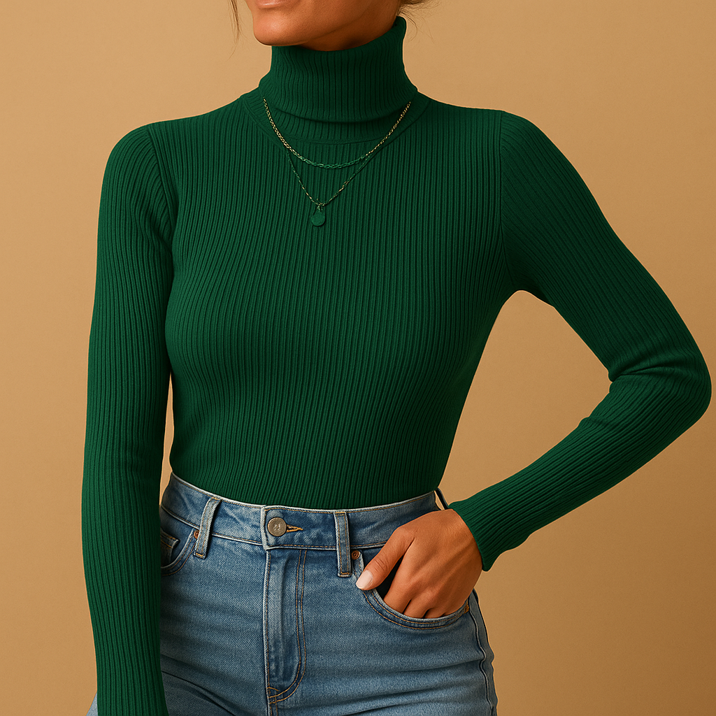 Elegant turtleneck knit sweater for women in classic design, perfect for layering in cold weather or pairing with casual or chic outfits.
