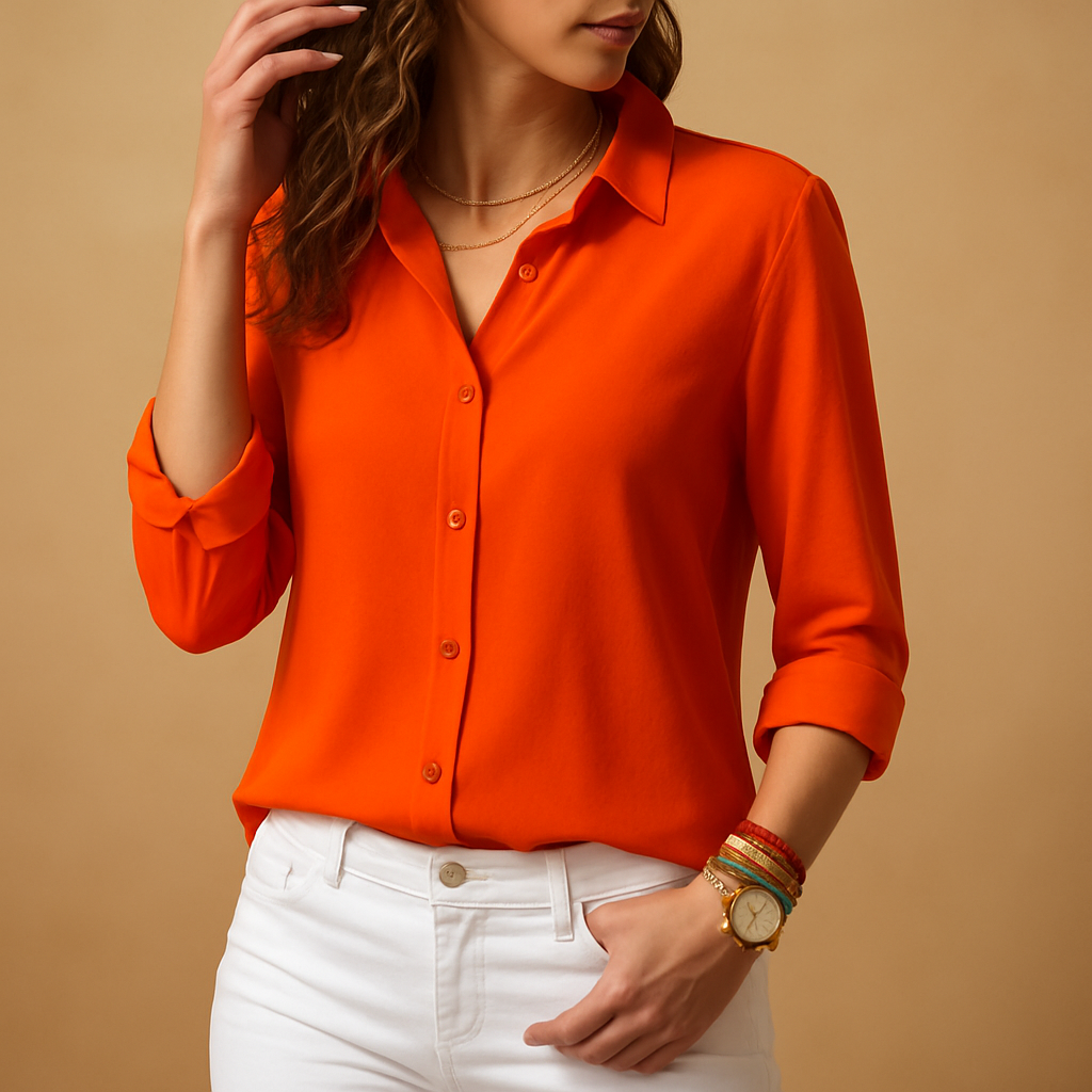 Women’s elegant long sleeve blouse with V-neck and button closure, ideal for workdays, lunches, or evening occasions.