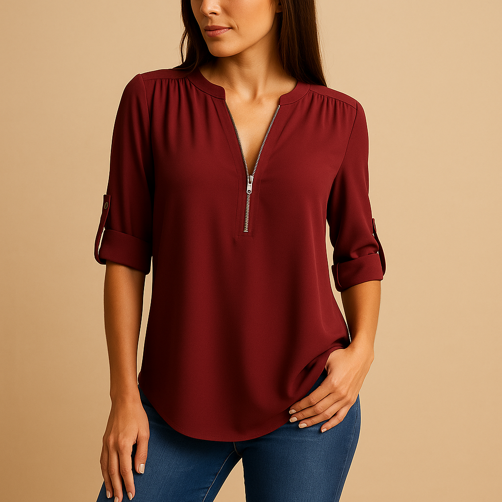 Elegant V-neck summer blouse for women with refined design, ideal for work, casual wear, and warm-weather elegance.