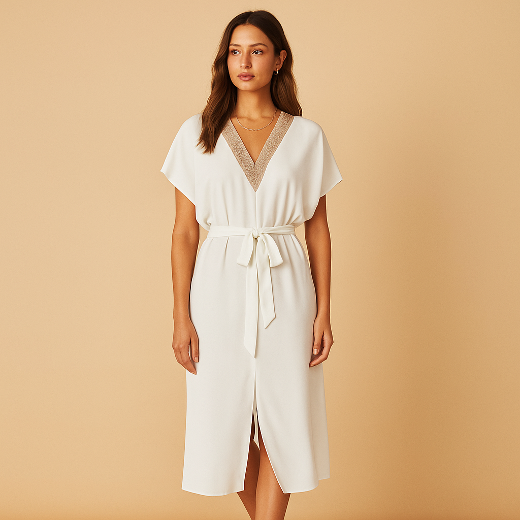 Classic Fit V Neck White Ladies Dress - Luxivelle