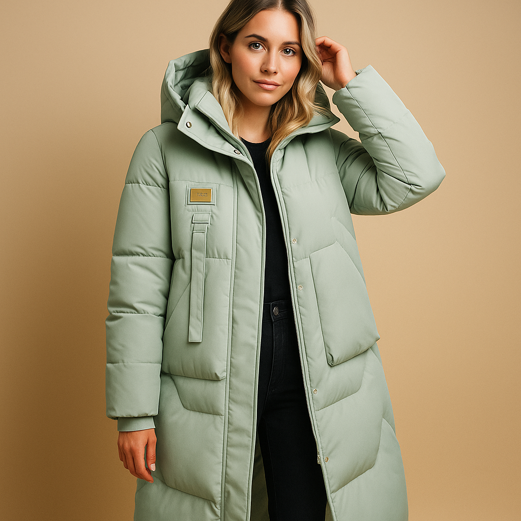 Elegant women’s winter coat with side pockets, designed for warmth and stylish everyday wear in cold seasons.
