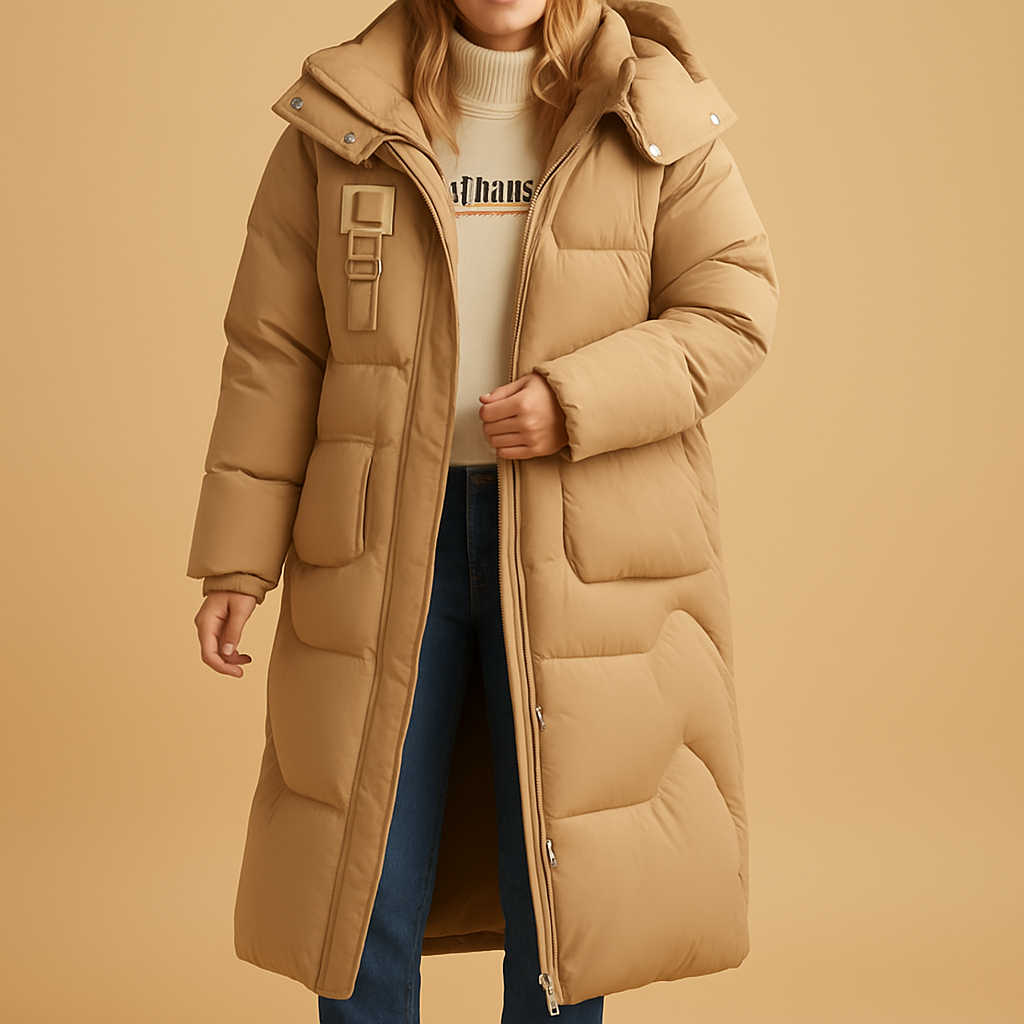 Elegant women’s winter coat with side pockets, designed for warmth and stylish everyday wear in cold seasons.