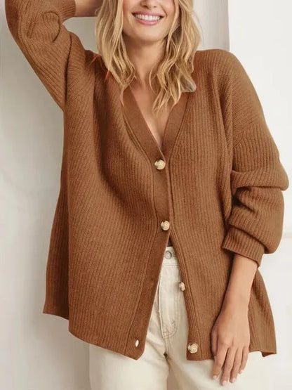 Elegant women's cashmere V-neck cardigan; soft, lightweight fabric in chic colors; perfect for layering and adding style.