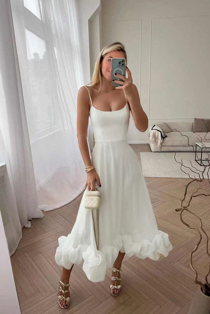 Elegant women's midi dress; sleeveless A-line with 3D floral details, bustier top; timeless charm for any event.