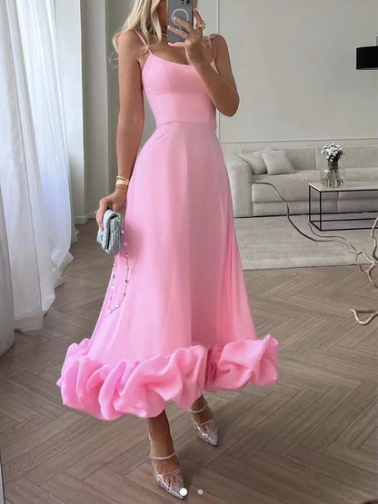 Elegant women's midi dress; sleeveless A-line with 3D floral details, bustier top; timeless charm for any event.